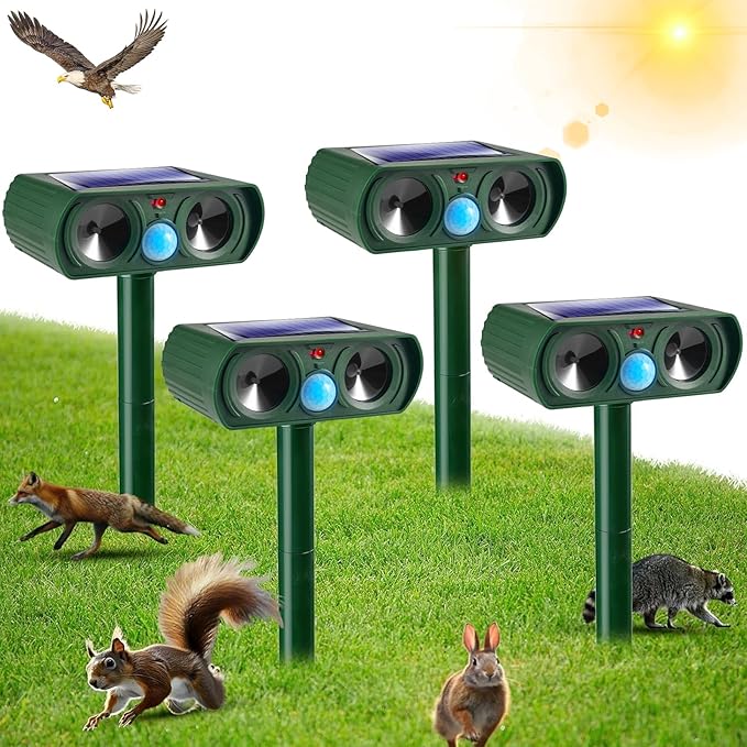 4 Pack Solar Ultrasonic Animal Repellent Outdoor Deer Repellent Devices Waterproof Motion Activated Animal Deterrent Device to Scare Cat Dog Squirrel Rabbit Raccoon Skunk Out of Yard Garden Lawn