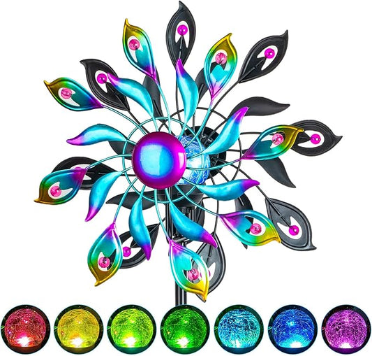 51.9" Peacock Solar Wind Spinner Outdoor Decor – Waterproof LED Lighted Garden Art with Adjustable Metal Pole, IP65 Weather Resistant for Yard, Patio