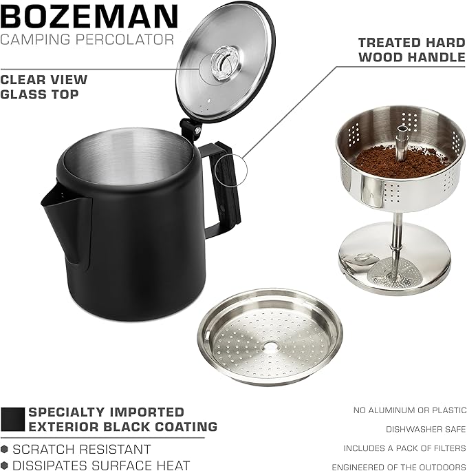 COLETTI Black Bozeman Percolator Coffee Pot — Camping Coffee Pot, Coffee Percolator Stovetop – America’s Sleekest Percolator – Pure Stainless Steel, NO Aluminum or Plastic (6 Cup)