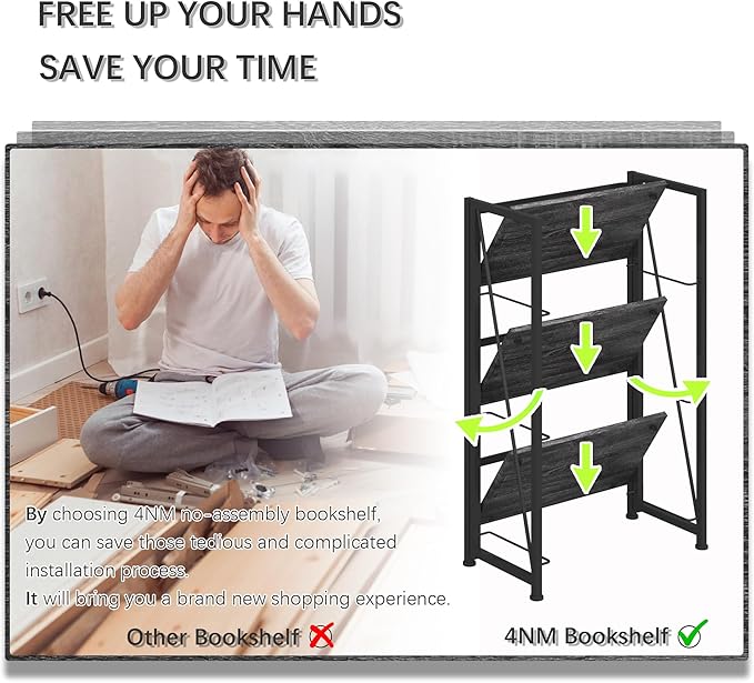 4NM No-Assembly Folding Bookshelf Storage Shelves 3 Tiers Vintage Bookcase Standing Racks Study Organizer Home Office (Gray Black)