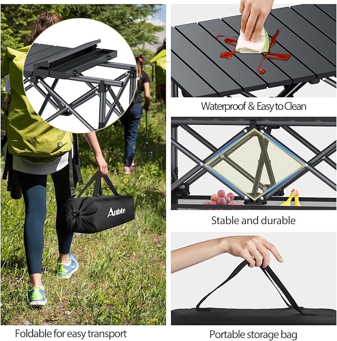 Folding Camping Table, Aluminum Roll Up Camping Table Adjustable Height with Storage Net and Bag, Lightweight Outdoor Table 25” X 16”, for Outdoor Travel BBQ Party Picnic, Black