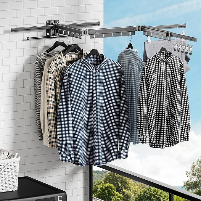 Clothes Drying Rack,2025 New Upgraded Laundry Drying Rack, Sturdy Clothes Drying Rack Wall Mounted,with Additional 4 Branches and 20 Clips,Collapsible,Retractable,Ideal for Patio,Laundry