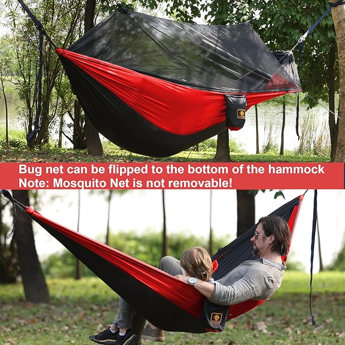 Camping Hammock with Net,Portable Lightweight Double Hammocks with Tree Straps and Solid D-Shape Carabiners,Parachute Nylon Hammock for Backpacking Beach Backyard Patio Hiking Black&Red