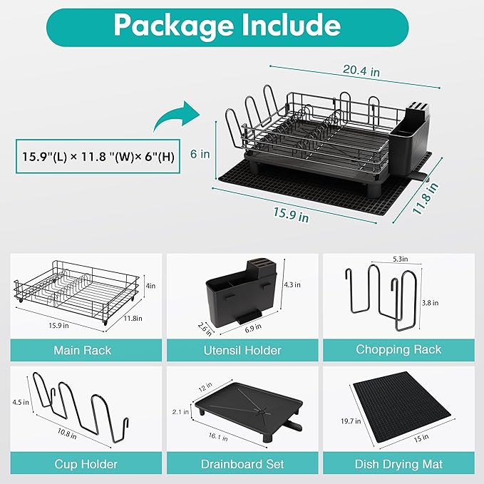 Black Stainless Steel Dish Drainers Drying Rack for Kitchen Counter with Drainboard Set, Rust Proof Metal, Space Saving, Modern Aesthetic, Compact Plates Strainers with Extra Mat