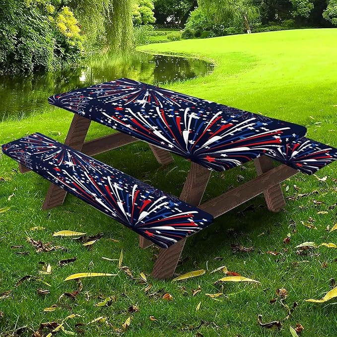 CAPSCEOLL Picnic Table Cover with Bench Covers 4Th of July Waterproof Camping Tablecloth All-Weather Outdoor Table Protector with Drawstring Bag for Camping Essentials, 72X30in, Fireworks