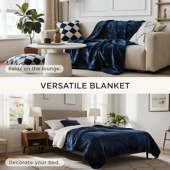 gogobunny Waterproof Bed Blanket, Reversible Sherpa Fleece Throw Blanket for Dog Puppy Cat, Furniture Cover Protects Bed Couch Sofa from Liquid Pee and Pet Fur (Navy Blue, 50x60 inches)