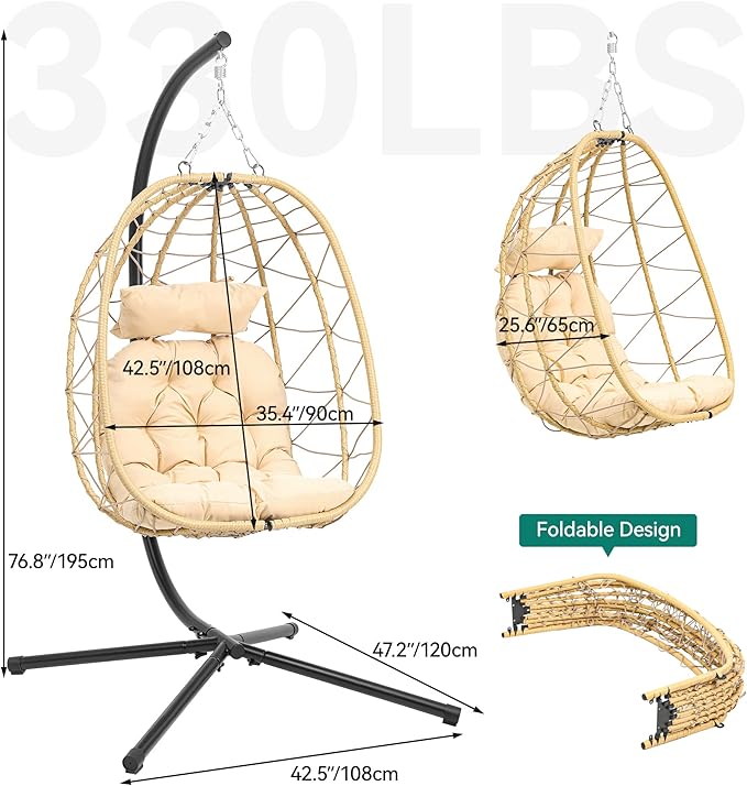 YITAHOME Hanging Egg Chair with Stand Swing Chair Wicker Indoor Outdoor Hammock Egg with Cushions 330lbs for Patio, Bedroom, Garden and Balcony, Single, Beige