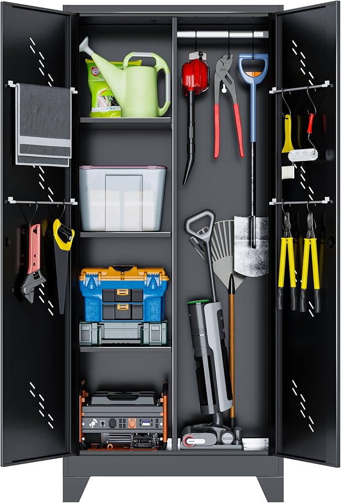 Broom Closet Storage Cabinet, 71" Metal Garage Cabinets with Lock & Hanging Rods, Utility Closet for Brooms and Mops, Cleaning Tool Cabinet for Home Office, Laundry Room