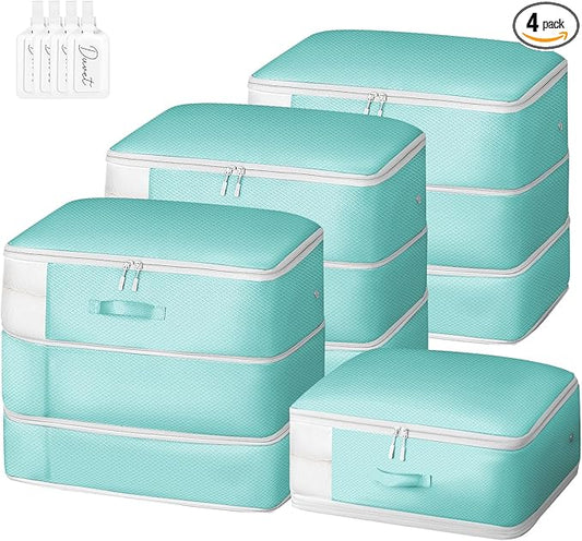 Comforter Storage Bag - Large Capacity Blanket Storage Bags 3-Layer Ultra Space Saving Self Compression Organizer, Washable Compression Bags for Storage Comforter Blanket, 4-Pack, Blue