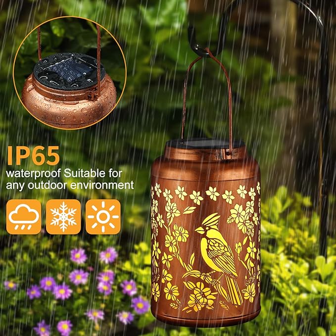 Solar Lanterns Outdoor Waterproof Garden Decor Birthday Gifts for Women Mom Grandma Hanging Lights Metal Decoration Outside for Yard, Patio,Backyard,Porch(Red Bird)
