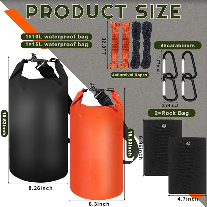 Bear Food Bag Hanging System, 2 Sets Camping Bear Bag Kit Waterproof Bear Protection Bag with Pulley System Include 10L & 15L Waterproof Bear Proof Storage Bag, Rock Bags, Carabiners, Ropes