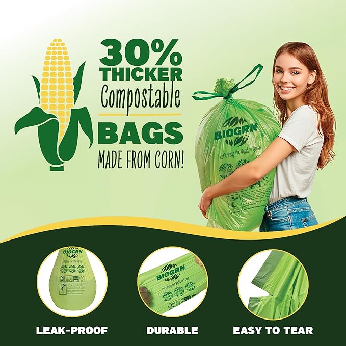 10-13 Gallon Compostable Trash Bags Drawstring 30 Bags Heavy Duty Extra Thick 1 Mil 49.21 Liter Tall Kitchen Food Scrap Waste Compost Bags Green ASTM D6400 US BPI and OK Compost Home Certified