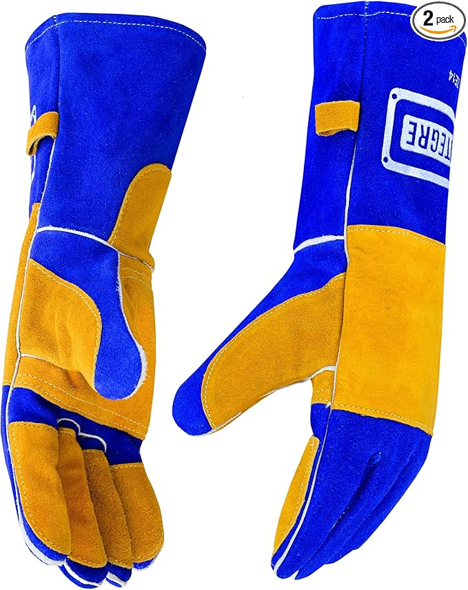 14” Welding Gloves – Heavy-Duty Heat & Flame Resistant Cowhide Leather, Kevlar-Stitched, 932℉ Protection for MIG, Stick, Forge, Fireplace, BBQ, Wood Stove (𝐁𝐥𝐮𝐞/𝐘𝐞𝐥𝐥𝐨𝐰)