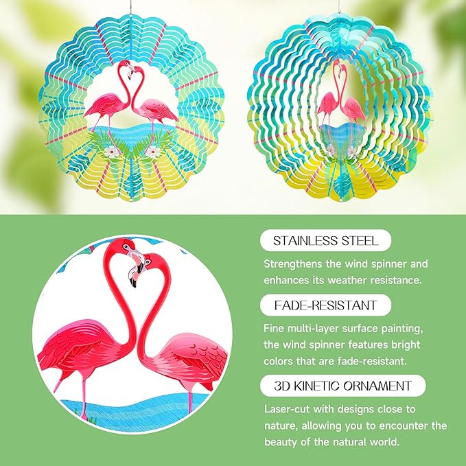 Flamingo Wind Spinners Garden Yard Decor Gift for Women Men, 12 Inch Outdoor Metal 3D Wind Spinner, Stainless Steel Hanging Wind Catchers Kinetic Sculpture for Outside Decoration
