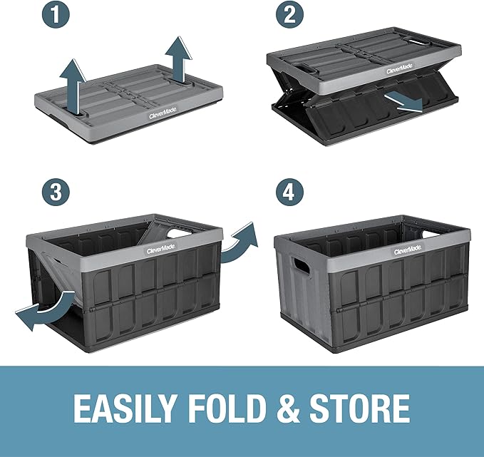 CleverMade Collapsible Storage Bins - Ocean 3 Pack 62L / 16 Gal holds 75 lbs - Stackable Containers Heavy Duty Capacity Crates Space-Saving