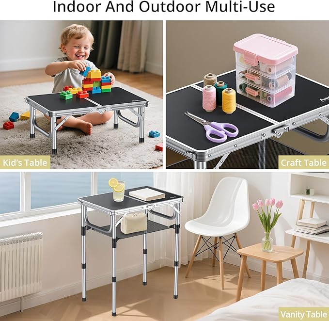 Folding Camping Table, Aluminum 24" x 16" Adjustable Height Small Folding Table with Carrying Handle, Lightweight, Portable Camping Table Waterproof for Outdoor Indoor Picnic Beach BBQ (Black)