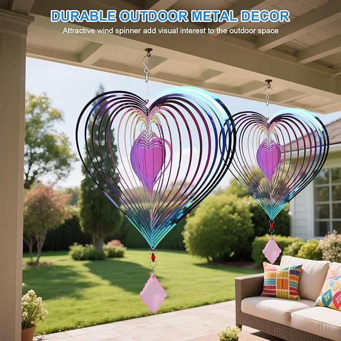 16.5in Heart Wind Spinners Outdoor, Colorful 3D Metal Wind Spinners for Yard and Garden with Crystal Pendant Stainless Steel Wind Chimes for Outside Yard and Garden Decor Gifts for Mom Grandmother