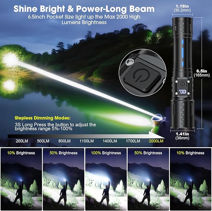 EDC Flashlights 2000 High Lumens Rechargeable - Long Beam Small Pocket LED Tactical Flashlight with Memory Function&Stepless Dimming&Power Display& IPX5 Waterproof for Emergency, Camping, Home