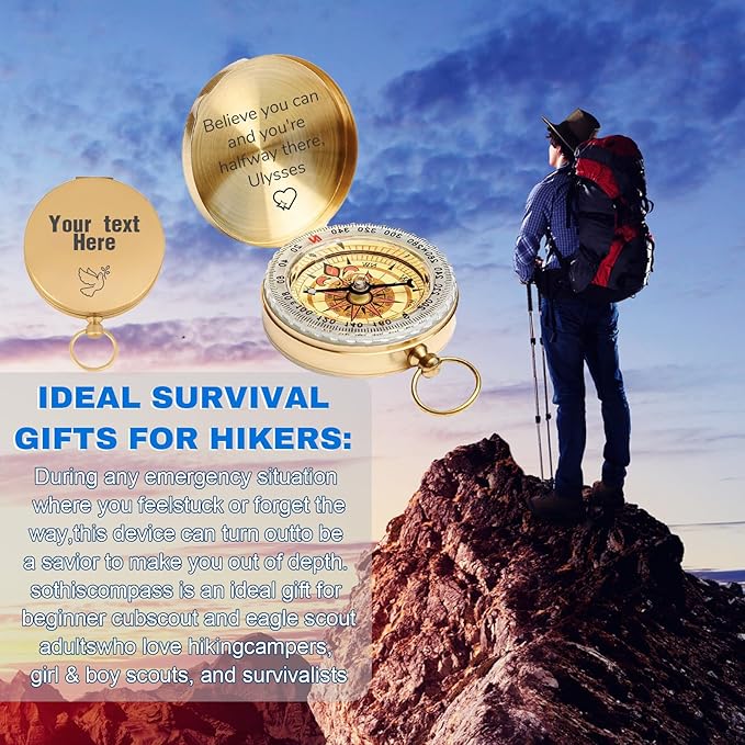 Custom Engraved Compass Keychain - Personalized Brass Compass with Luminous Function, Waterproof Survival Tool for Hiking Camping Graduation Gifts