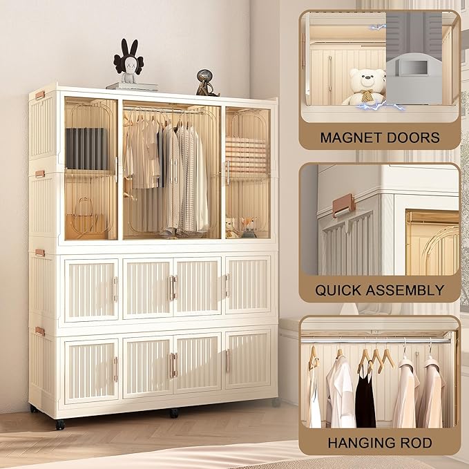 Collapsible Expandable Wardrobe Closet, Multi-Function Plastic Wardrobe,Wardrobes Storage Cabinet (12 Cubes+1 Hanging Rod)