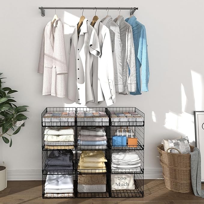 4 Pack Closet Organizers and Storage Shelves for Clothes, 4 Tier Stackable Closet Storage Basket Bin Container for Clothing Sweater Jean, Narrow, Foldable, Sturdy Metal Closet System Organizer Shelf