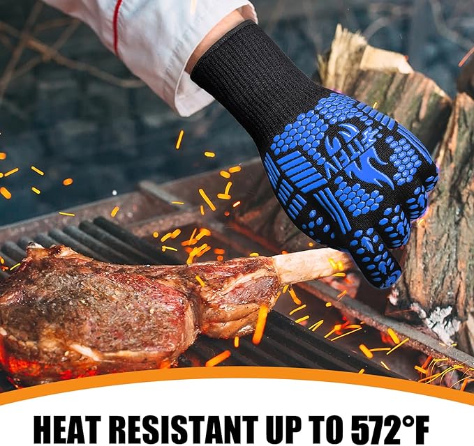 BBQ Gloves, Oven Gloves, Extreme Heat Resistant Barbecue Gloves, Silicone Non-Slip Oven Mitts, Kitchen Gloves for Cooking, Grilling, and Baking (Blue)