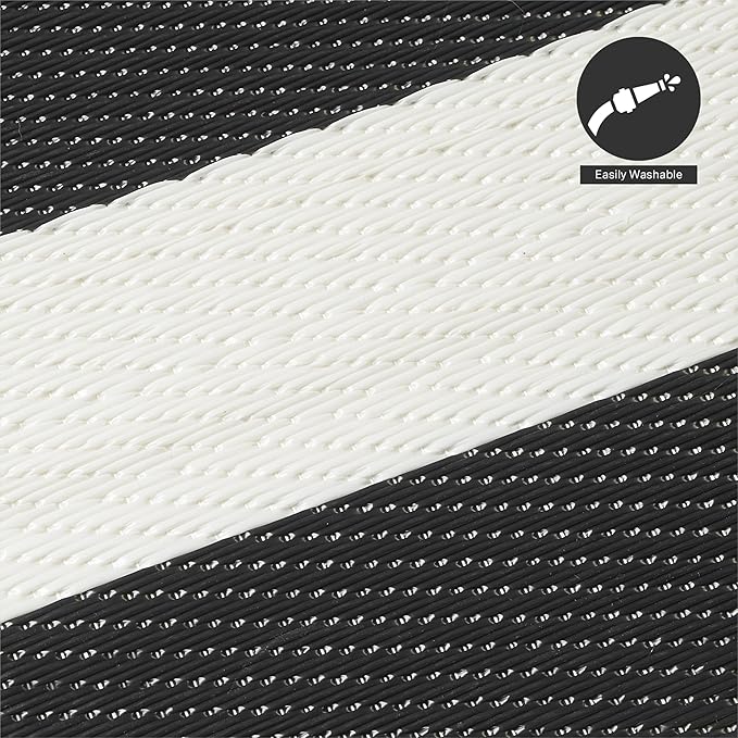 FH Home Outdoor Camping Rug - Waterproof, Fade Resistant, Reversible - Premium Recycled Plastic - Striped - Patio, Deck, Sunroom, RV - Brittany Stripe - Black & White - 5 x 8 ft Foldable