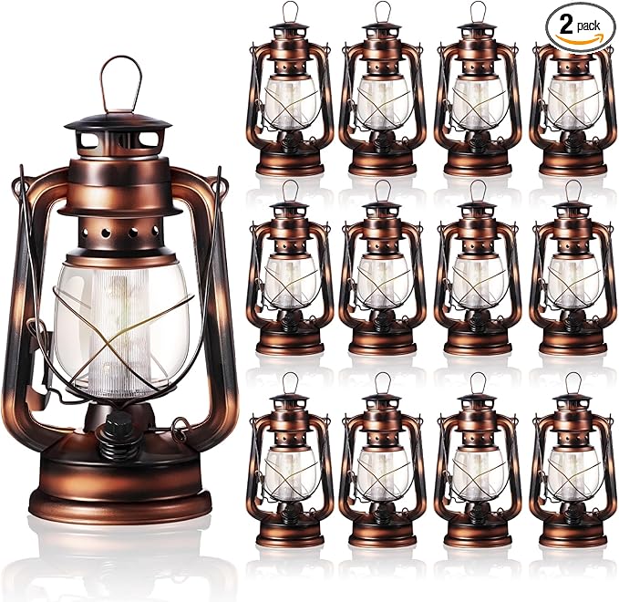 Hortsun 2 Pieces 8 Inch Vintage LED Hurricane Lantern 12 Warm LEDs and Dimmer Switch Battery Operated Farmers Hanging Lantern for Indoor Outdoor Camping Usage Decor