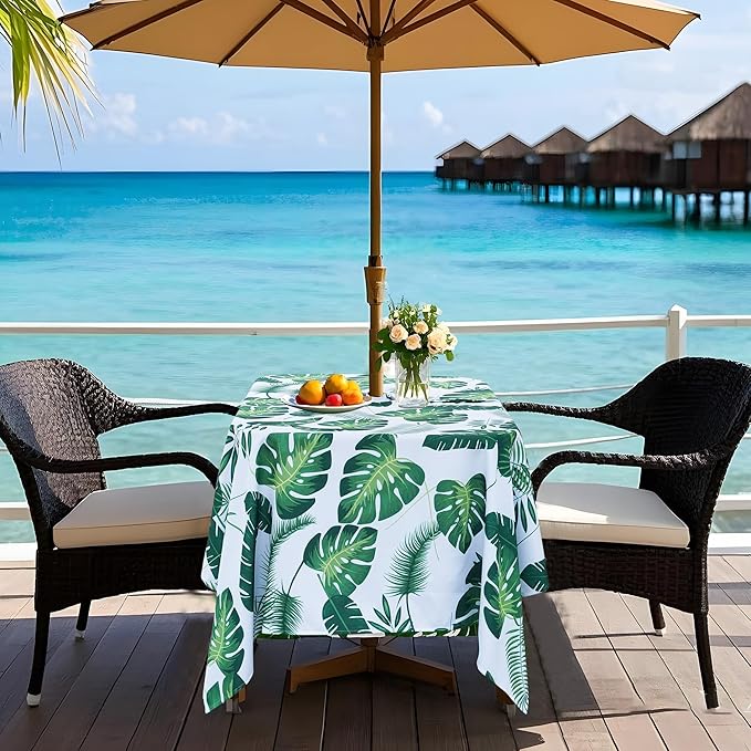 SquarePie Outdoor Tablecloth with Umbrella Hole and Zipper Rectangle Waterproof Table Cloth Decorative Patio Table Cover for Courtyards Picnic Garden Party, 52x70 Palm Leaf