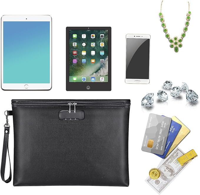 Fireproof Document Bag with Lock, ZOOPIP 14.3"x10.2" Fireproof and Waterproof Money Bag with Zipper Closure, Storage Pouch for A4 Letter Size Document, Cash, Cell Phone, Tablet, Credit Card,Passport
