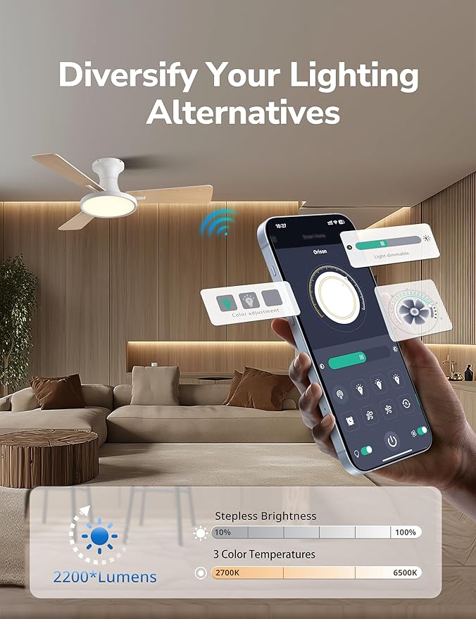 Orison Ceiling Fans with Lights, 42 inch Low Profile Ceiling Fan with Light and Remote Control, White Bedroom Ceiling Fans with Light,3CCT,Reversible,Dimmable,Noiseless,Indoor/Outdoor Use