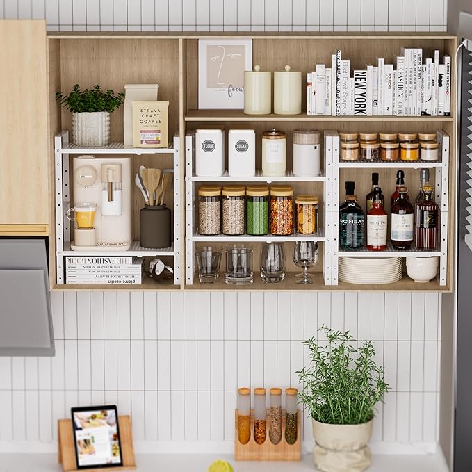 Expandable Spice Rack, Stackable Metal Pantry Storage Shelves Stand, Adjustable Height Cabinet Shelf Organizer Racks(3PACKS/WHITE,MEDIUM)