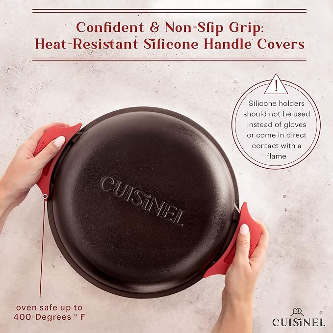 Cuisinel Cast Iron Dutch Oven 7-Quart - Pre-Seasoned 2-in-1 Deep Pot Multi-Cooker - Combo Lid Doubles as 12" Skillet Frying Pan + Silicone Handle Covers + Scraper/Cleaner - Indoor/Outdoor Cookware