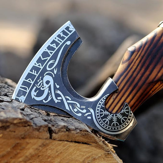 SHINY CRAFTS-Axes Handmade Viking Axe Hatchet Norse Battle Axe-Valhalla Runic Axe, Carbon Steel Viking Axe Head, Engraved Handle, Wolf Camp Axe, Genuine Leather Sheath & Wrap (VBA 06)