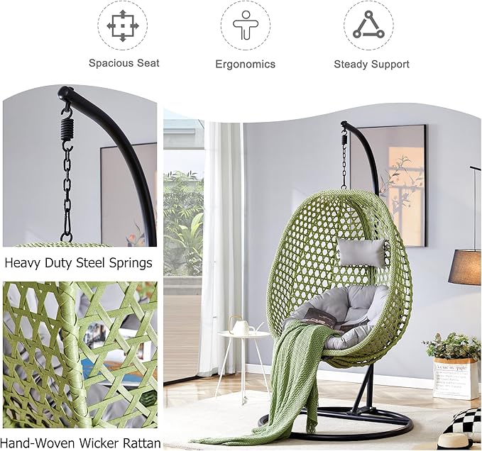JUFU Egg Swing Chair with Stand for Outdoor and Indoor, Patio Hanging Basket Chair with Cushions and Pillow, Hammock Chair for Bedroom, Balcony, Garden,Durable Aluminum Steel Frame