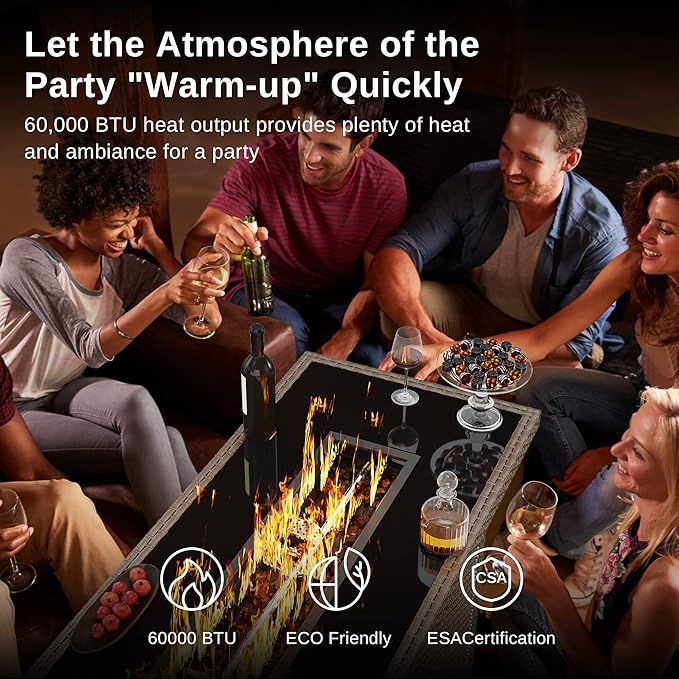 EAST OAK 57" Gas Fire Pit Table, 60,000 BTU Propane Fire Pit w/Large Tempered Glass Desktop, CSA Certified Outdoor Patio Fire Table with 9.2lb Glass Stone & Removable Lid, Chocolaty Coffee