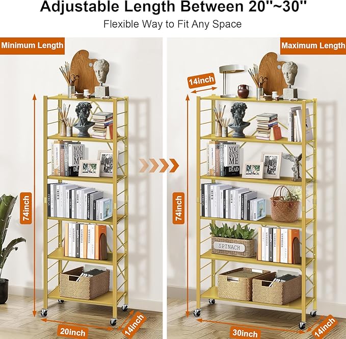 Himix 6 Tier Foldable Storage Shelves, Expandable Folding Bookshelf with Wheels, Changeable into 2 Shelf Units, Collapsible Adjustable Storage Rack Metal Shelves for Garage Kitchen, Basement, Gold