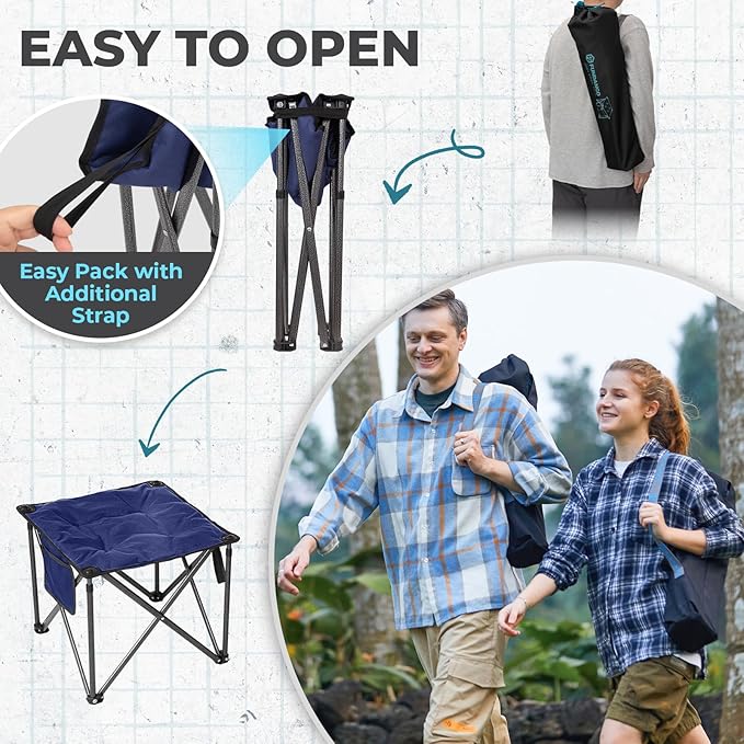 FUNDANGO Folding Camping Stool, 2 Pack 18.1 Inch Oversized Foot Rest 440 Lbs Heavy Duty Portable Padded Stools Seat Anti-Slip Foots & Carry Strap for Fishing Outdoor Lawn Travel (Blue)