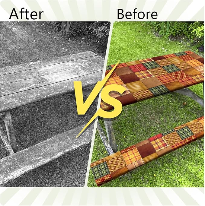 JAWO Picnic Table Covers with Bench Covers Fall Autumn Camping Tablecloth Fitted Picnic Table Cover with Elastic Windproof Waterproof Fabric, Camping Accessories Patio & Outdoor