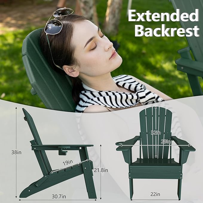 Folding Adirondack Chair, SGS Tested, Wooden Textured with Cup Holder, Heavy All-Weather HDPE Comfortable Set Poolside Backyard Lawn Green