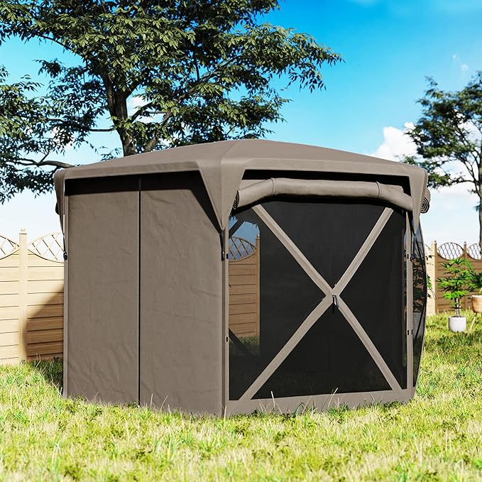 Outsunny Pop Up Gazebo Screen Tent House, 11 x 11ft with UPF30+ Removable Roof Cover, 4 Roll-up Wind Panels and Carry Bag for Camping, Patio, Backyard, Lawn, Brown
