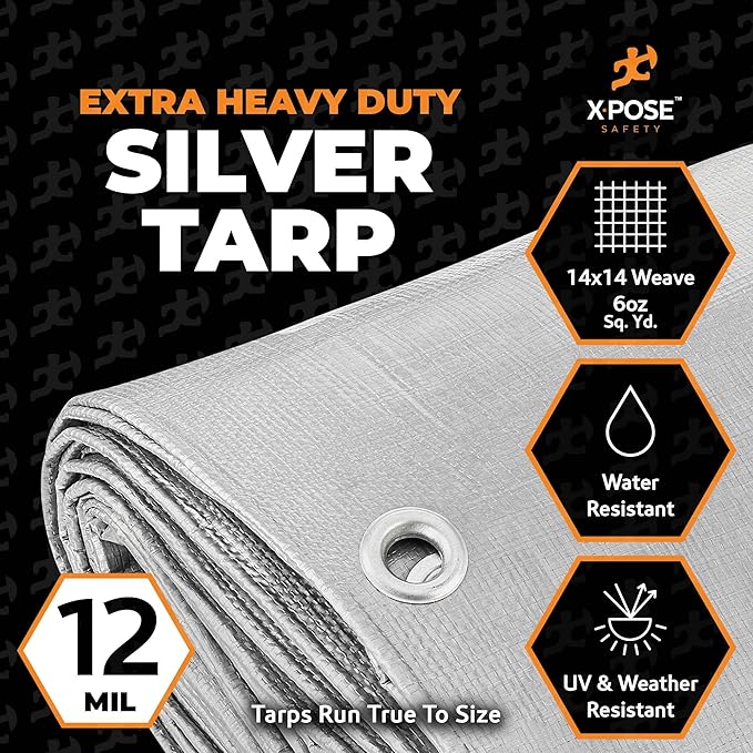 Heavy Duty Silver Poly Tarp 8' X 10' (2-Pack) - Multipurpose Protective Cover - Durable, Waterproof, Weather Proof, Rip and Tear Resistant - Extra Thick 12 Mil Polyethylene - by Xpose Safety