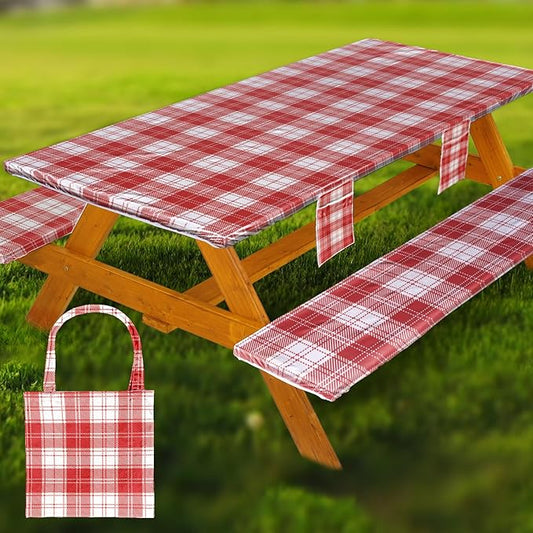 Fitted Picnic Table Cover with Bench Covers Waterproof Elastic Edges Rectangle Patio Tablecloth Outdoor Camping Essentials Stuff Rv Accessories Summer Trip Travel Camper Gifts for Woman Men, 72in 6 ft