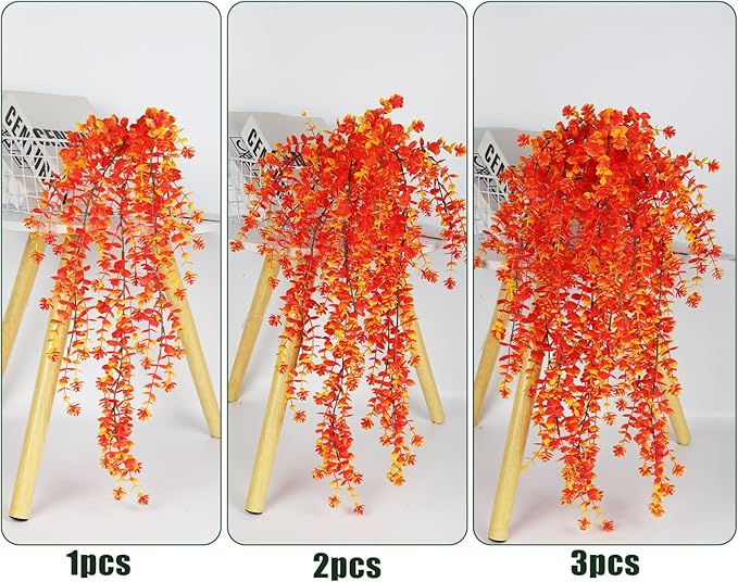 Artificial Hanging Plants Fall Faux Eucalyptus Leaf Fall Fake Hanging Plants Fall Hanging Vines Artificial Fall Flowers Faux Autumn Plants for Thanksgiving Indoor Outdoor House Wedding Party(Gold)