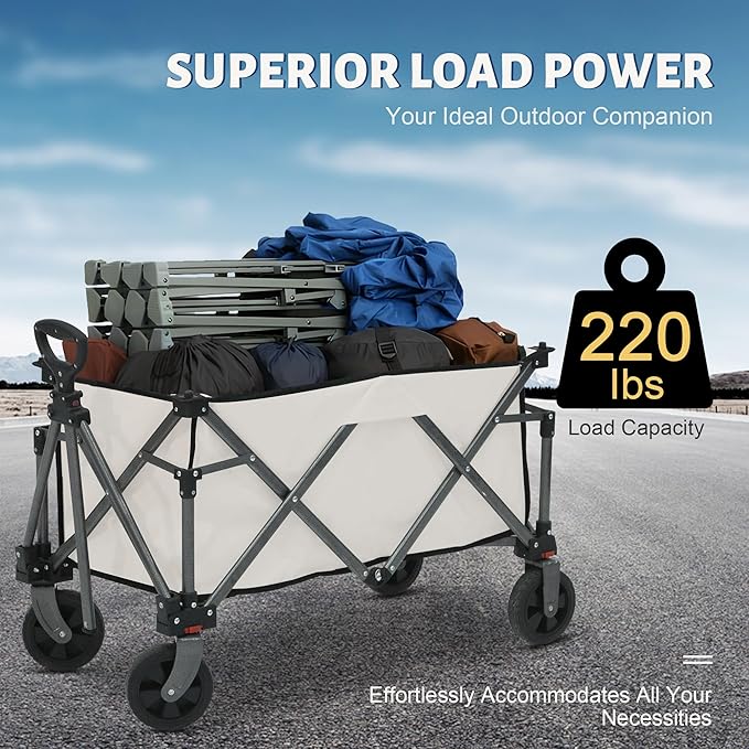 Collapsible Folding Wagon Cart, 220LBS Heavy Duty Foldable Utility Garden Cart with All Terrain Wheels & Side Storage Bag, Portable Sports Wagon for Camping, Shopping, Garden