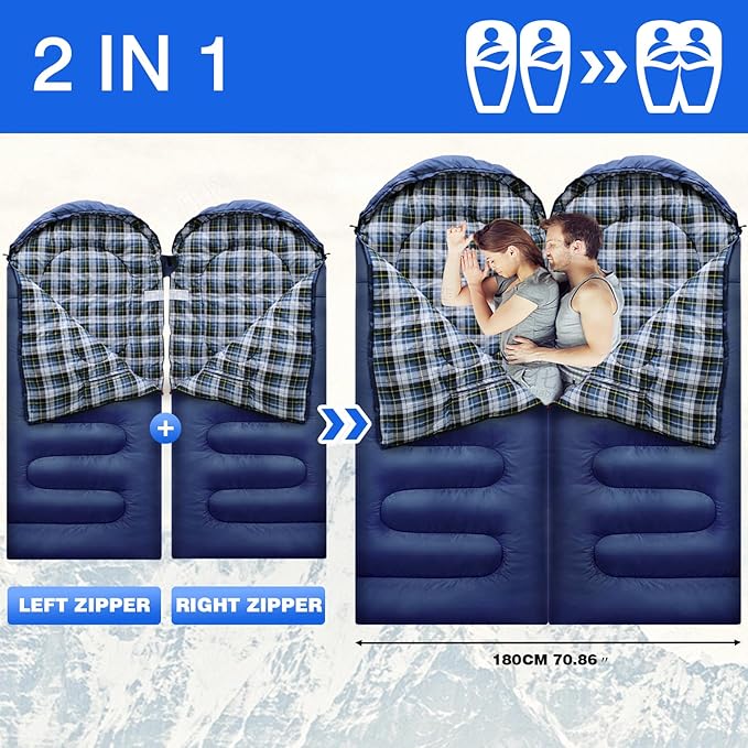 Flannel Sleeping Bag Cotton 0 Degree Cold Weather for Adults XXL Wearable Sleeping Bag 4 Seasons Waterproof with Compression Sack