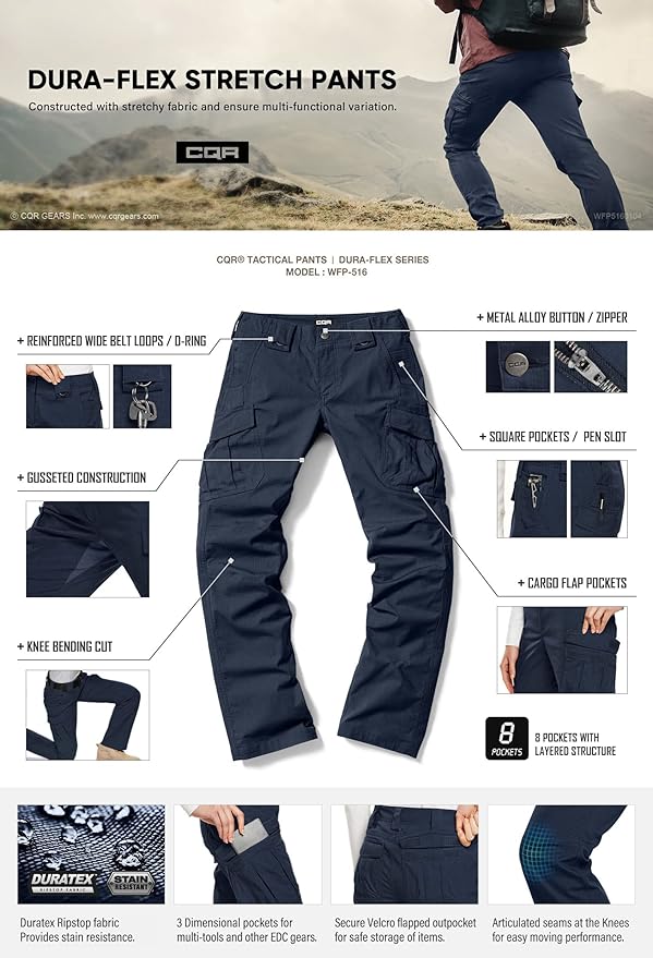 CQR Women's Flex Stretch Tactical Pants, Water Resistant Ripstop Cargo Work Pants with Pockets for Outdoor & Hiking