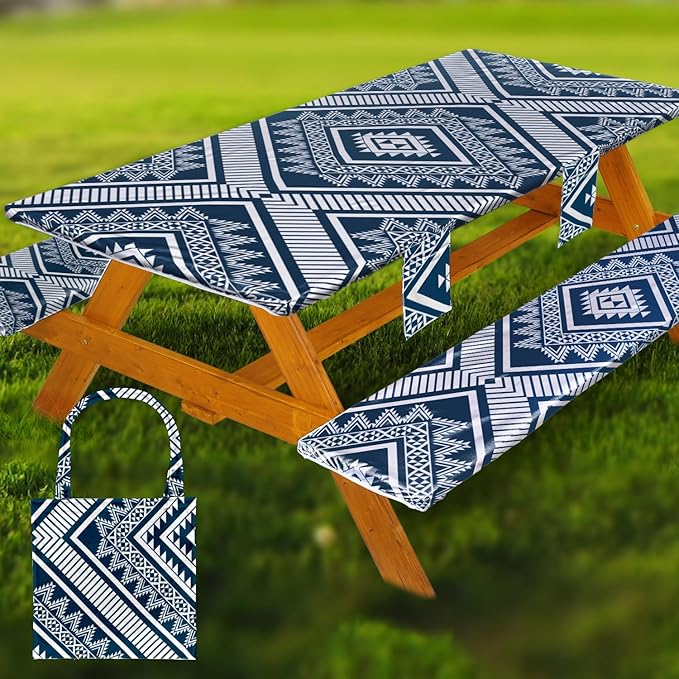 Fitted Picnic Table Cover with Bench Covers Waterproof Elastic Edges Rectangle Patio Tablecloth Outdoor Camping Essentials Stuff Rv Accessories Summer Trip Travel Camper Gifts for Woman Men, 72in 6 ft