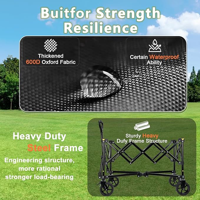 Collapsible Wagon Cart with Brake, Foldable Wagon Cart with All Terrain Wheels, Large Grocery Carts On Wheels, Heavy Duty Utility Wagons for Shopping Beach Sports Fishing Camping, 130L, Black