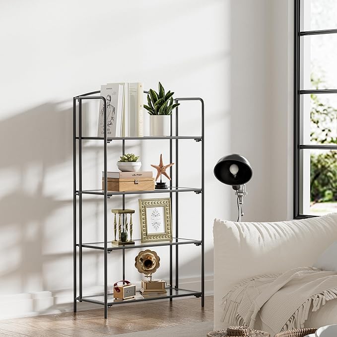Crofy No Assembly Folding Bookshelf for Living Room, 4 Tier Black Collapsible Book Shelf for Home Office, Portable Bookcase Storage Organizer